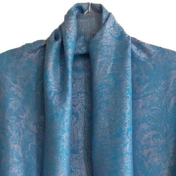 PASHMINA Cashmere Silk Paisley Fringed Shawl Teal Blue Silver Wrap Scarf 28x78 - Picture 2 of 13